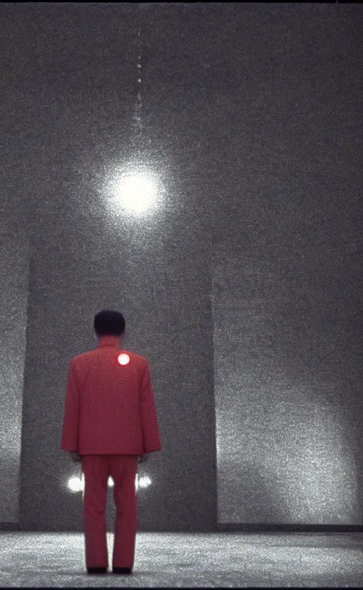 Image similar to light coming out of one starfish - like kaiju anthropomorphic monster, korean film noir by kim jong - il, korean traditional palace, pyongyang city, 1 9 6 0 s, red color bleed, 4 k, video compression, video glitch, monochrome, akira kurosawa, mamoru oshii, wes anderson, stanley kubrick