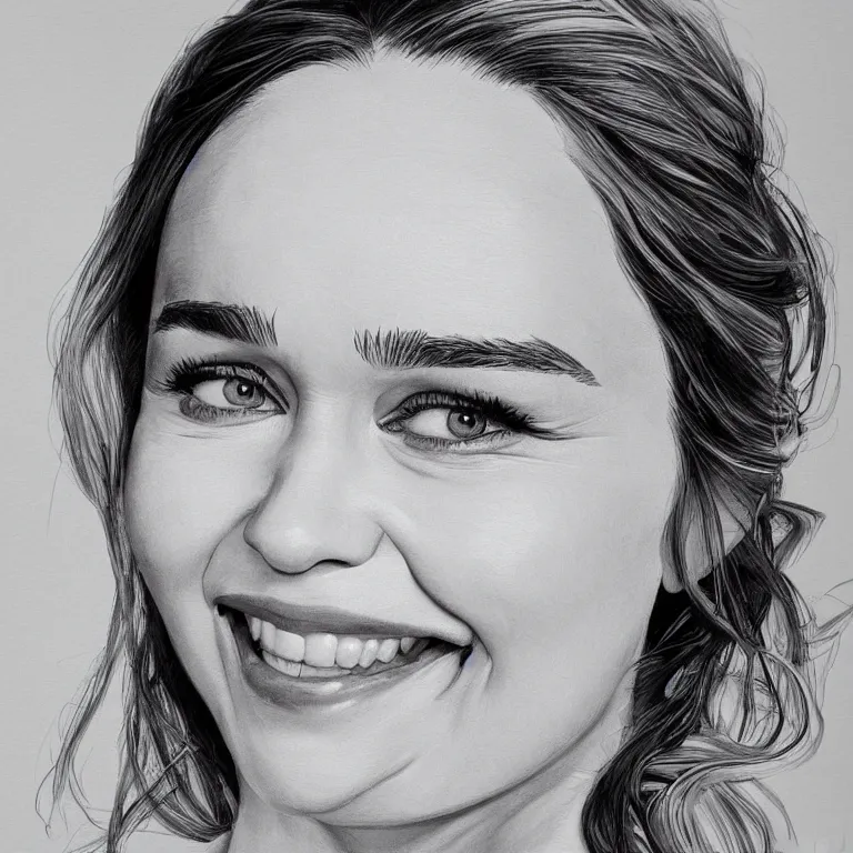 Image similar to an amaze - art painting of emilia clarke using single line, realism, smiling face