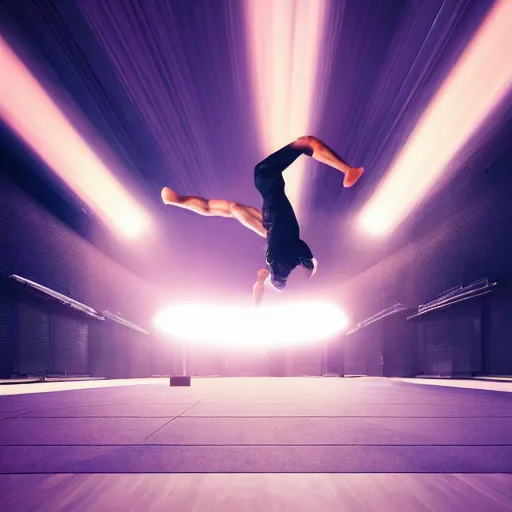 Image similar to break dancer in a shape of light , long exposure shot, cinematic view from lower angle, octane render, soft and detailed