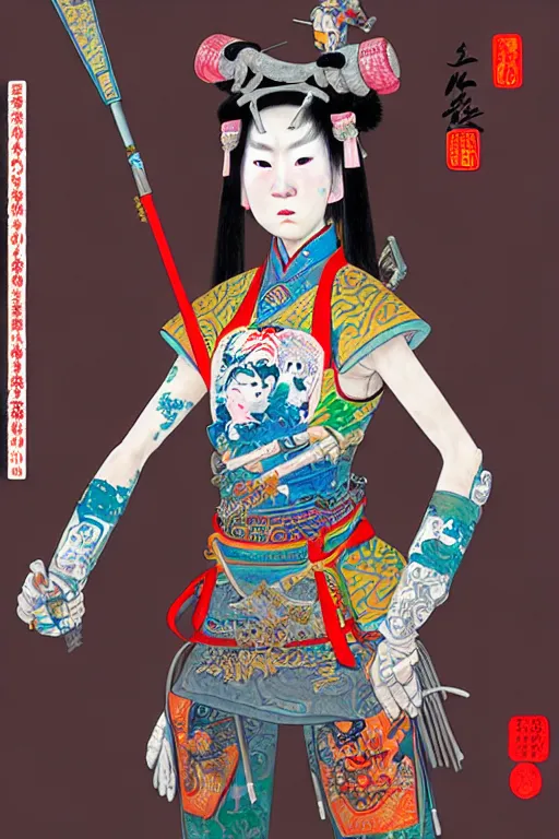 Image similar to full view, from a distance, of anthropomorphic trashcan as a girl warrior from the qing dynasty, full of trash, style of yoshii chie and hikari shimoda and martine johanna, highly detailed