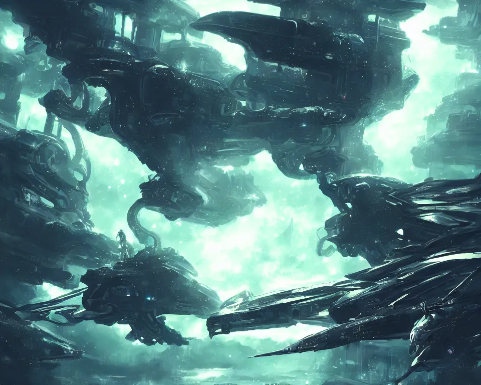 Image similar to the future war between cthulhu and mankind in space, the space warship, dreamy and ethereal, fantasy, intricate, many lightning, cold color, highly detailed, digital painting, anime, artstation, concept art, cyberpunk wearing, smooth, sharp focus, led, illustration.