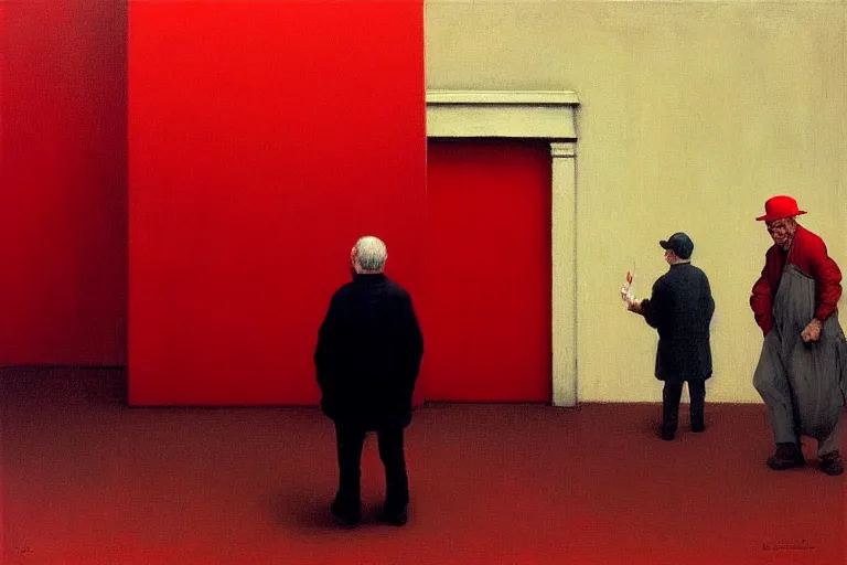 Image similar to only with red, a red old man try to sell a portrait, in a square, crowd cheers, in the style of beksinski, parts by edward hopper, parts by rodcenko, parts by yue minjun, intricate and epic composition, red by caravaggio, insanely quality, highly detailed, masterpiece, red light, artstation, 4 k