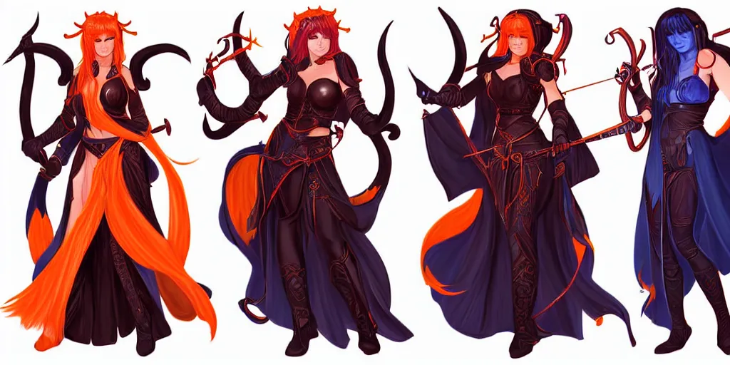 Image similar to triptych of youthful female feminine horned tiefling female bard with long bob cut blue hairstyle, her skin is orange and pale, she has immaculate skin and her eyes are pure black orbs and she is wearing colorful leather armor by rossdraws,