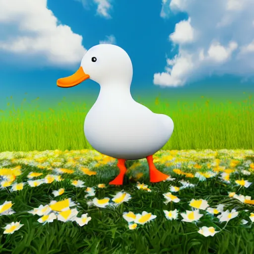 Prompt: A 3d render of a duck walking through a field of daisies in a bright sunny day, with clouds in the sky, lots of little daisies in the field, digital art