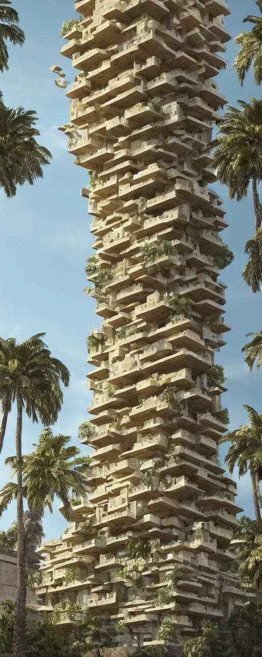 Image similar to single tower, golden gardens of babylon tower, beige stone color palette, sacred ancient architecture, hanging gardens on the balconies, modular cascading highrise, next to mountains and river with lush palm forest, zaha hadid, sunlight, eye - level view, post - production, octane, cgi, sfx