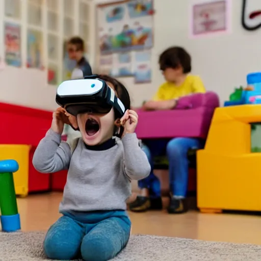 Prompt: A toddler wearing a straightjacket wearing a vr headset while sitting in a daycare setting, photography