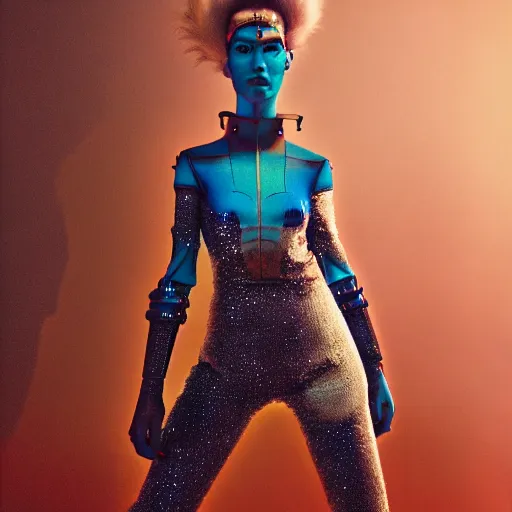 Image similar to Fashion photography of a woman wearing a futuristic outfit inspired by Avatar (2009), artistic photography, cinematic lighting, insanely detailed, cinestill 800t, Vogue magazine