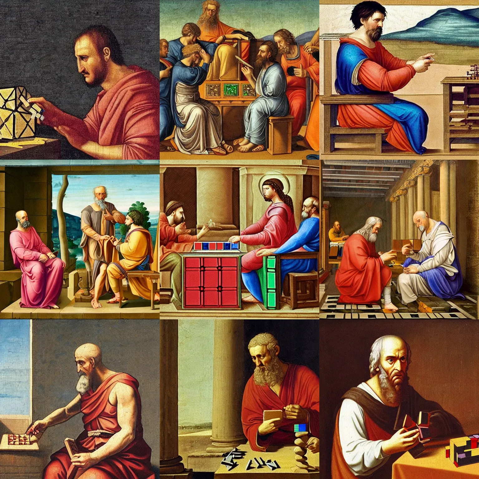Prompt: a rare renaisssance painting of an ancient Greek philosopher trying to solve a Rubik's Cube