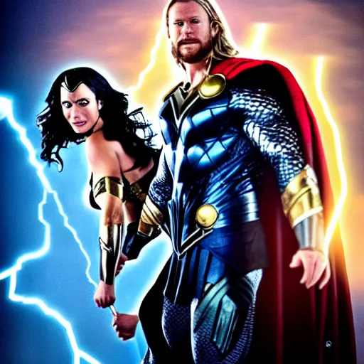 Image similar to thor and wonder woman in new york, fighting against villain electro, cinematic movie scene, epic fight, blue lightning, yellow lightning, photo, effects shot