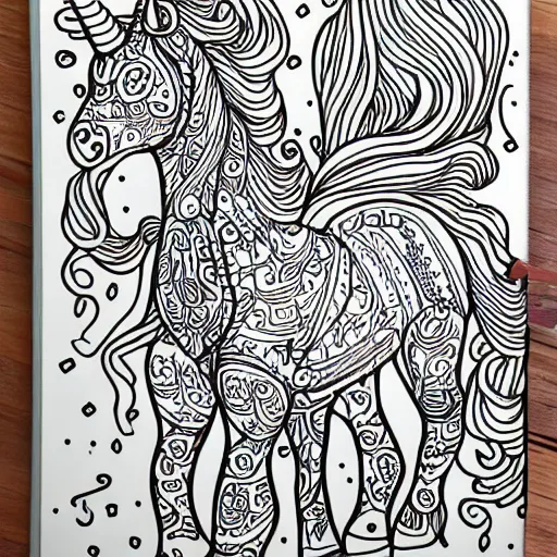 Image similar to full body unicorn, coloring book, black and white