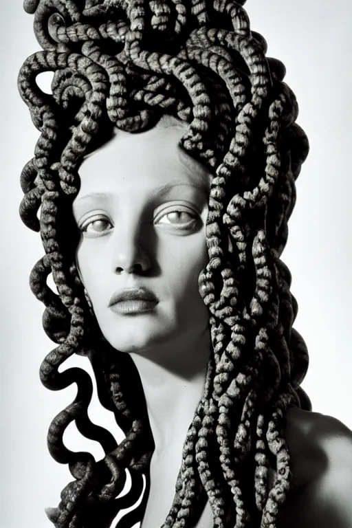 Image similar to full - length portrait of medusa gorgon, fashion color studio lighting, 3 5 mm, head to shoulders shot, close - up