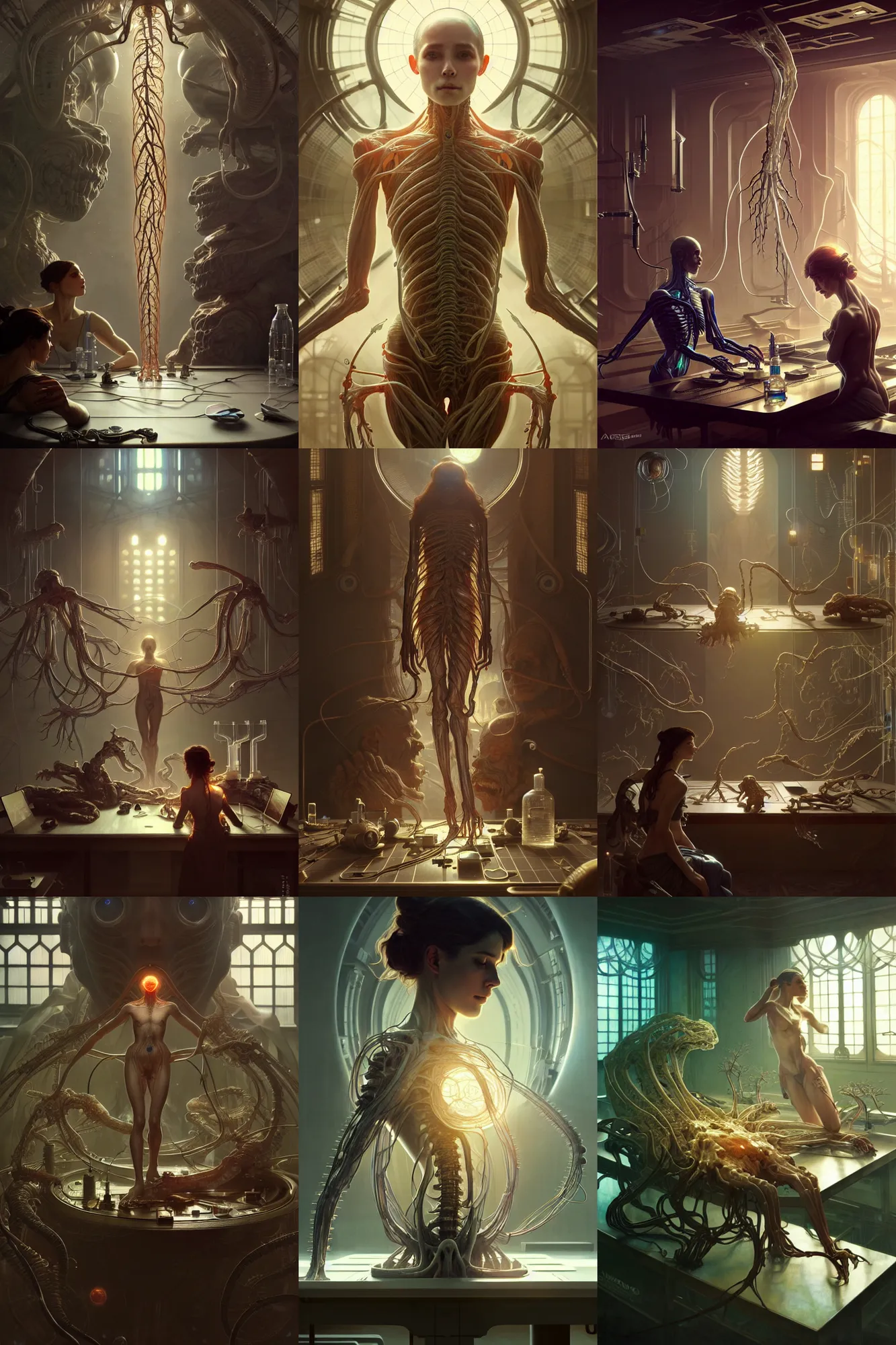 Prompt: ultra realistic, a cybornetic human nervous system is spread over a lab table, sci - fi, intricate details, eerie, highly detailed, octane render, 8 k, art by artgerm and alphonse mucha and greg rutkowski