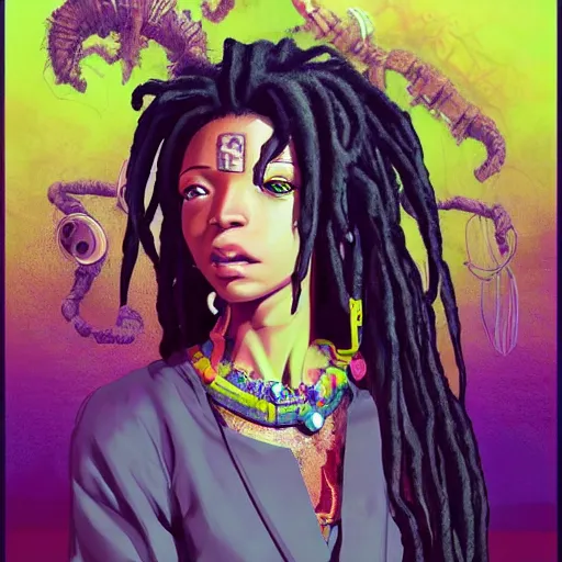 Image similar to dreads - cyberpunk deities and their creations, gods and men, manifesting dreams with kemetic magic in a modern world | hyperrealistic digital painting | by makoto shinkai, ilya kuvshinov, lois van baarle, rossdraws, basquiat | afrofuturism, in the style of surrealism, trending on artstation | dark color scheme
