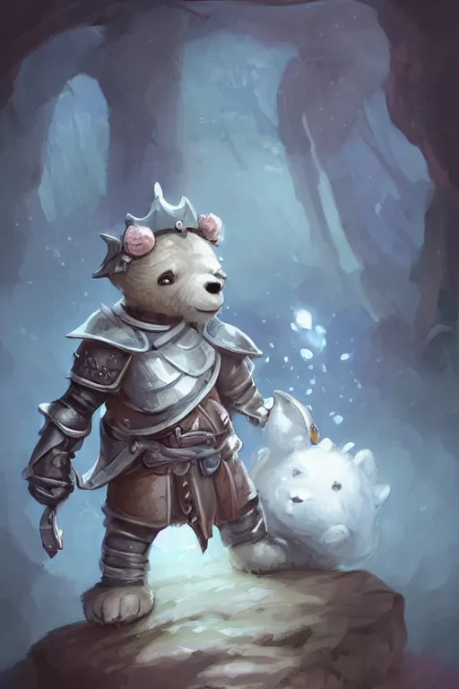 Image similar to cute little anthropomorphic bear knight wearing a cape and a crown, tiny, small, miniature bear, baby animal, short, pale blue armor, cute and adorable, pretty, beautiful, DnD character art portrait, matte fantasy painting, DeviantArt Artstation, by Jason Felix by Steve Argyle by Tyler Jacobson by Peter Mohrbacher, cinematic lighting