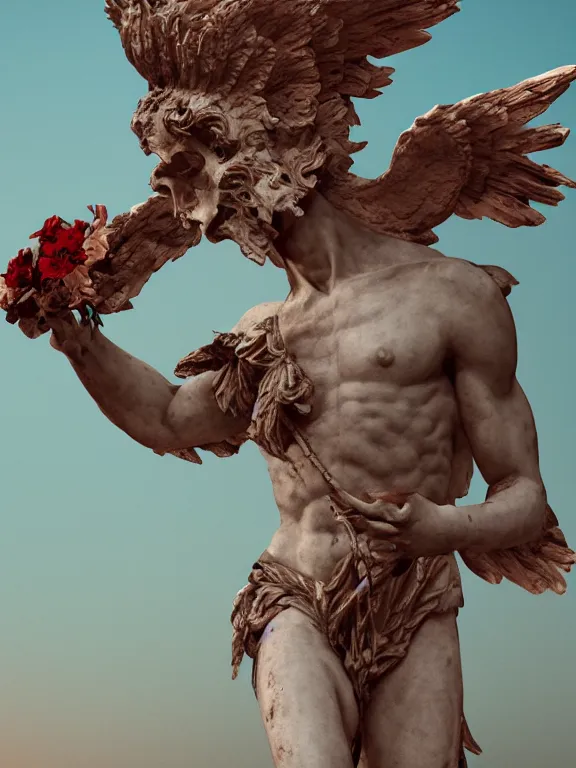 Prompt: a falling man in the form of a Greek sculpture Winged Victory of Samothrace with wings and skulls and flowers sinking in lake bubbling red wax, super hero pose, skull, flowers, baroque. intricate. artwork like comix style. Trending on artstation. octane render, cinematic, hyper realism, octane render, 8k, depth of field, bokeh. iridescent accents. vibrant. teal and gold and red colour scheme