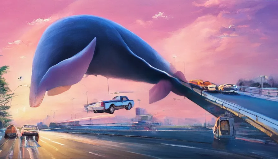 Image similar to an oil painting of a giant pink whale falling out of a blue sky onto cars on a busy bridge, realistic, cinematic lighting