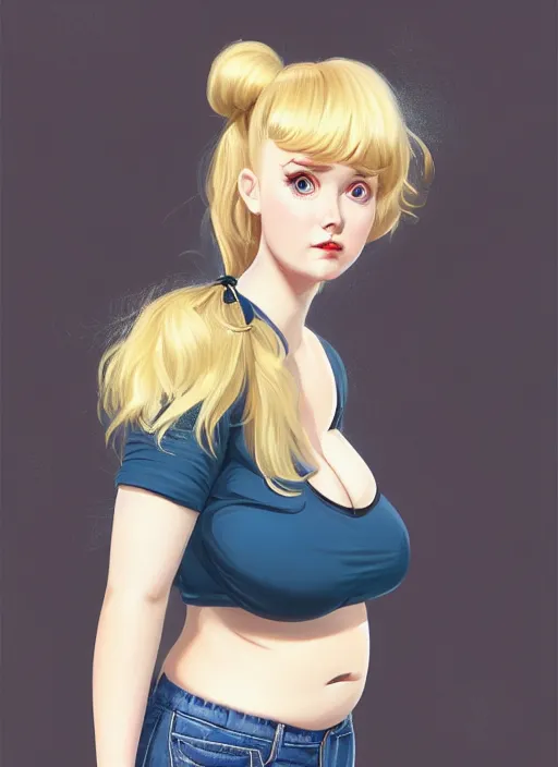 Image similar to full body teenage betty cooper, blonde hair, obese, bangs, ponytail, sultry, realistic, sultry smirk, ponytail, fluffy bangs, curly bangs, fat, belly, beautiful girl, intricate, elegant, highly detailed, digital painting, artstation, concept art, smooth, sharp focus, illustration, art by wlop, mars ravelo and greg rutkowski