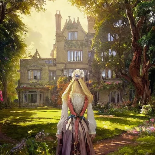 Image similar to portrait of a victorian lady in front of a English manor, from behind, streets, birds in the sky, sunlight and rays of light shining through trees, tall buildings on the sides, beautiful, solarpunk!!!, highly detailed, digital painting by Michael Garmash and Peter Mohrbacher