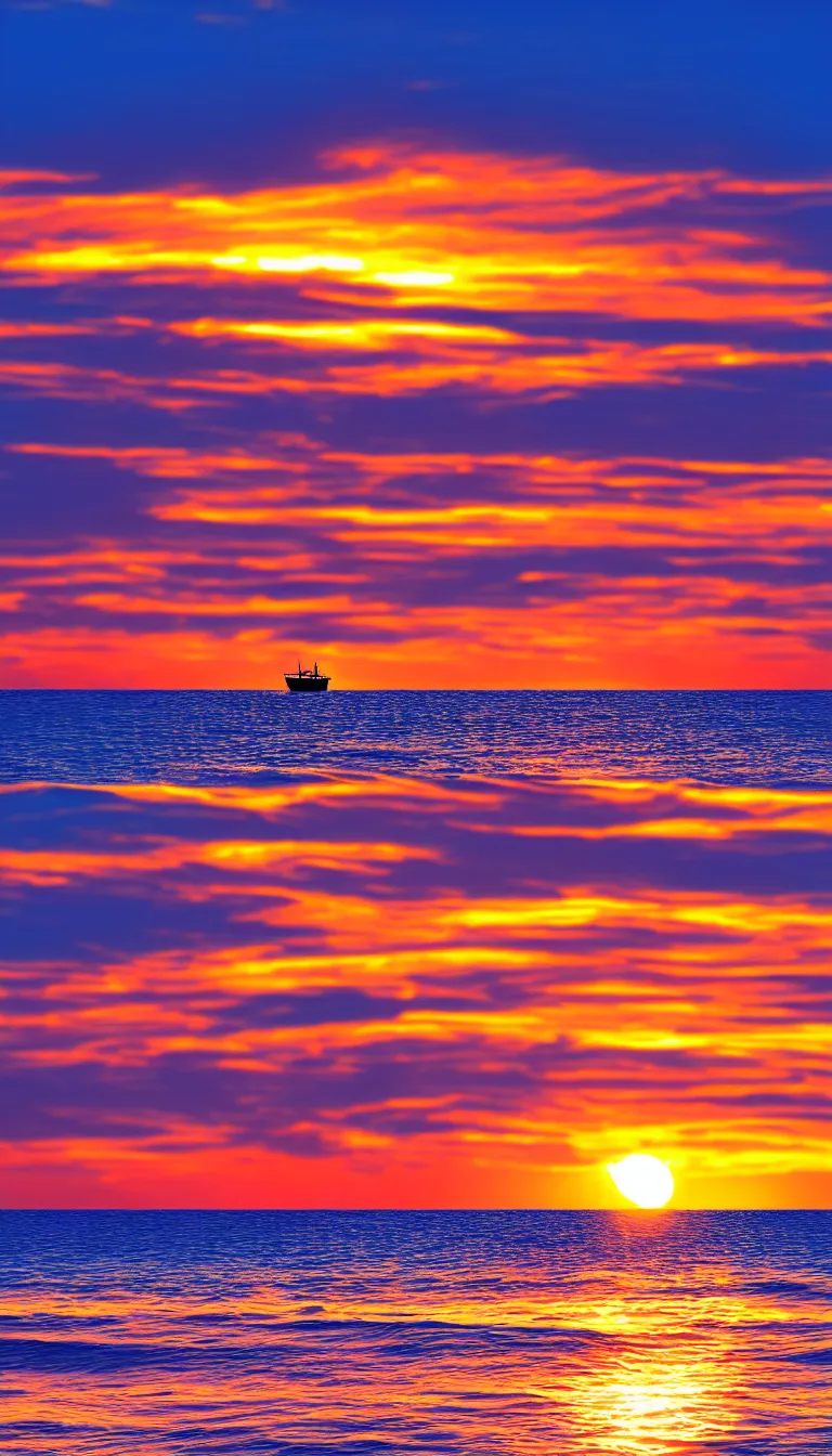 Prompt: highly detailed photo of beautiful sunset on beach, silhouette of a boat in sea, hyper realistic, concept art, 8 k detail post - processing