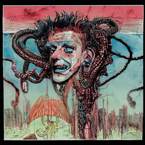 Image similar to graphic illustration, creative design, medusa, biopunk, by ralph steadman, francis bacon, hunter s thompson, highly detailed, mixed media