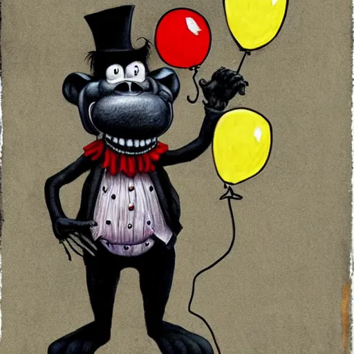 Prompt: grunge cartoon painting of an ape with a top hat with a wide smile and a red balloon by chris leib, loony toons style, pennywise style, horror theme, detailed, elegant, intricate