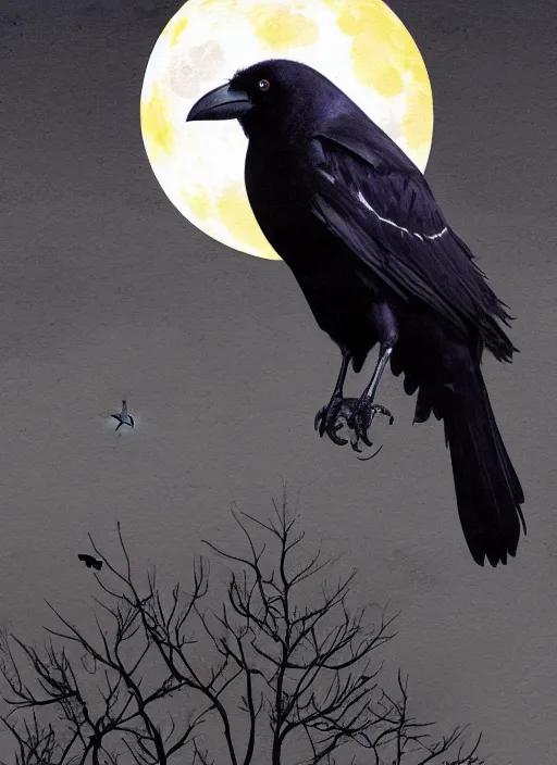 Prompt: book cover, crow in front of the full big moon, realistic colors, digital art