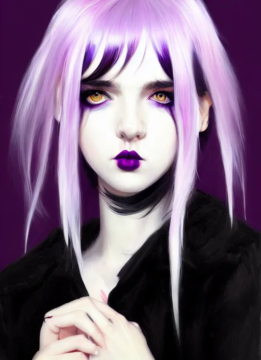 Image similar to portrait of white teenage girl, normal face, black bangs, mall goth, cyberlox, black and white hair, bangs, fluffy bangs, red contacts, purple lipstick, intricate, elegant, highly detailed, digital painting, artstation, concept art, sharp focus, smooth, illustration, art by wlop, mars ravelo and greg rutkowski