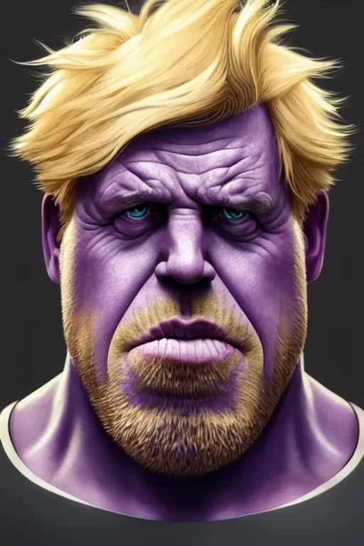 Prompt: Boris Johnson as Thanos, Boris Johnson hairstyle, calm, grumpy, portrait, masculine figure, highly detailed, digital painting, artstation, concept art, smooth, sharp focus, illustration, cinematic lighting, art by artgerm and greg rutkowski and alphonse mucha