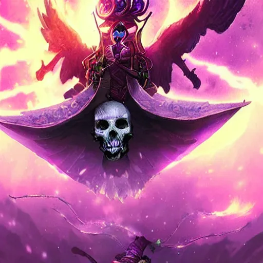 Image similar to flying skulls with violet fire trails, violet theme, magic spell art, epic fantasy digital art style, fantasy artwork, by Greg Rutkowski, fantasy hearthstone card art style