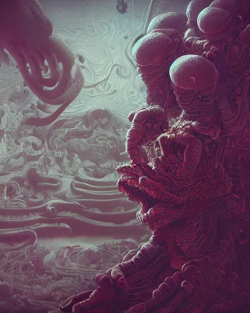 Image similar to portrait of a baby with six arms, monster, intricate artwork. by Tooth Wu, wlop, beeple, dan mumford. mulholland drive by david lynch, dune by david lynch, octane render, trending on artstation, greg rutkowski very coherent symmetrical artwork. cinematic, hyper realism, high detail, octane render, 8k, iridescent accents