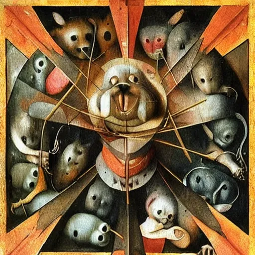 Image similar to anthropomorphic animals worshipping a giant dollar sign, prostration, fear, devotion, by hieronymus bosch, ultra detailed, highly detailed, 8 k, trending on artstation, award - winning art,