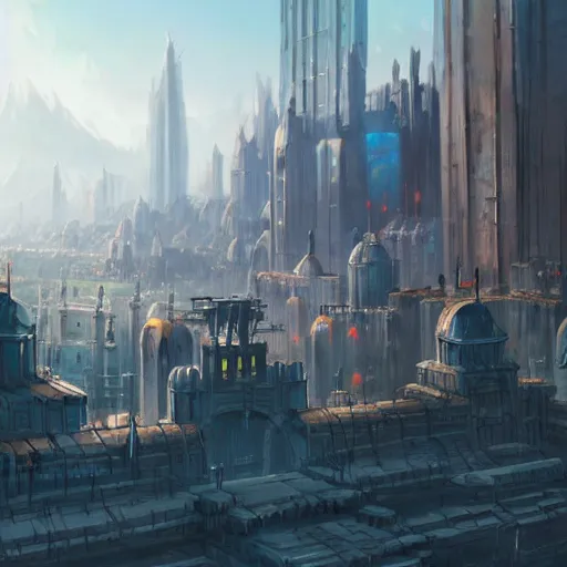 Image similar to concept art painting of an evil empires capital city with large fortress in the middle, realistic, detailed, cel shaded, in the style of makoto shinkai and greg rutkowski and james gurney