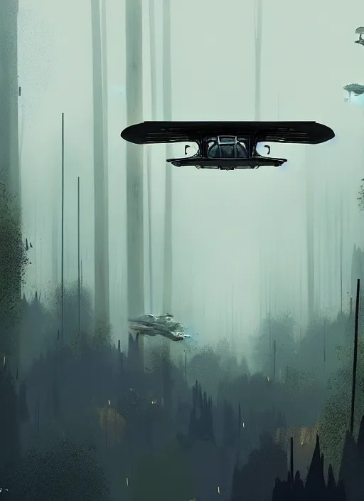 Prompt: blade runner flying car, in flight, grey forest background, by ismail inceoglu