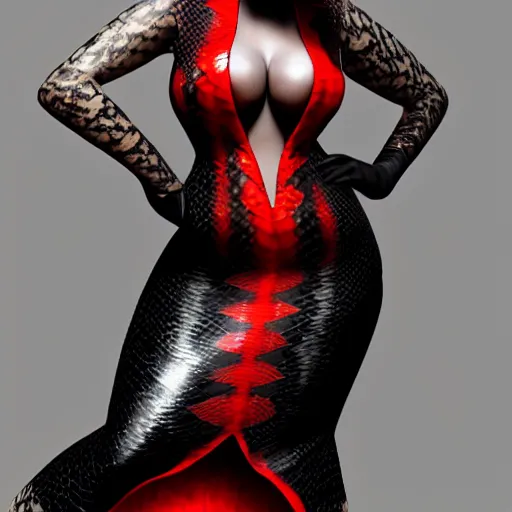 Prompt: curvy feminine hot goth woman with elegant red-black snakeskin leather dress, camo pattern, cgsociety, photorealistic, sublime ambience, idealistic, 16k, smooth, sharp focus, trending on ArtStation, volumetric lighting, fully clothed, worksafe