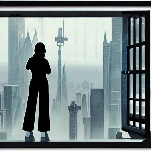 Image similar to in the style of Vincent Di Fate, a young beautiful attractive girl is looking out of a window at a vast futuristic city, the city fills the background, it is raining , very highly detailed, 8k, ultra realistic, framed window