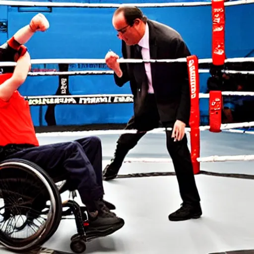 Image similar to François Hollande fighting a teen girl in a wheelchair in a MMA cage fight