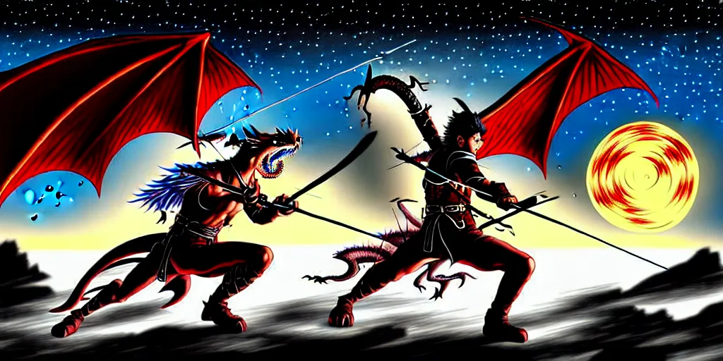 Prompt: korean archer fighting a dragon under the night sky. the archer is in the ground. the dragon in the sky. dark fantasy. high resolution. dungeons and dragons. fantasy. detailed. digital art. dark fantasy. by kentaro miura