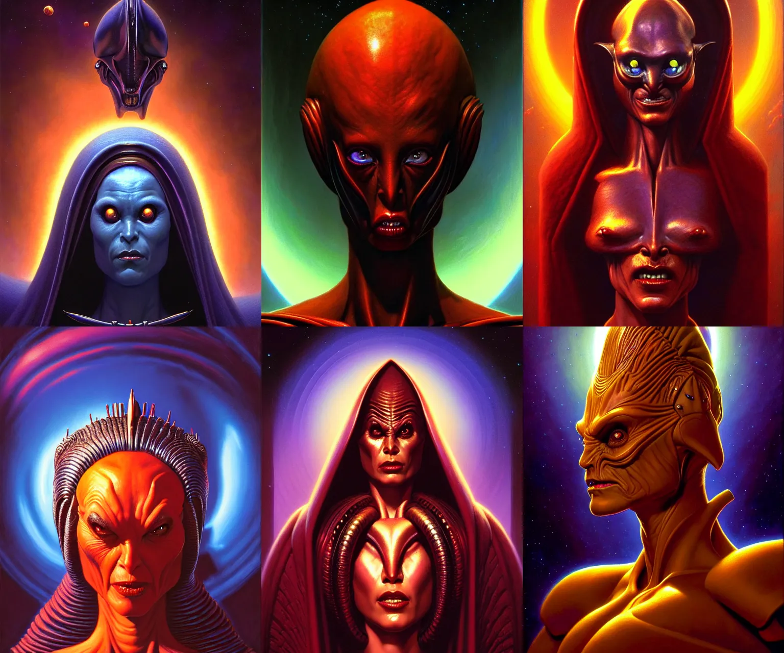 Prompt: cinematic bust portrait of villainous female extraterrestrial queen, head and chest only, exotic alien features, Tim Hildebrandt, Wayne Barlowe, Bruce Pennington, donato giancola, anne stokes, oil on canvas, masterpiece, trending on artstation, featured on pixiv, cinematic composition, dramatic pose, beautiful lighting, sharp, details, hyper-detailed, HD, HDR, 4K, 8K