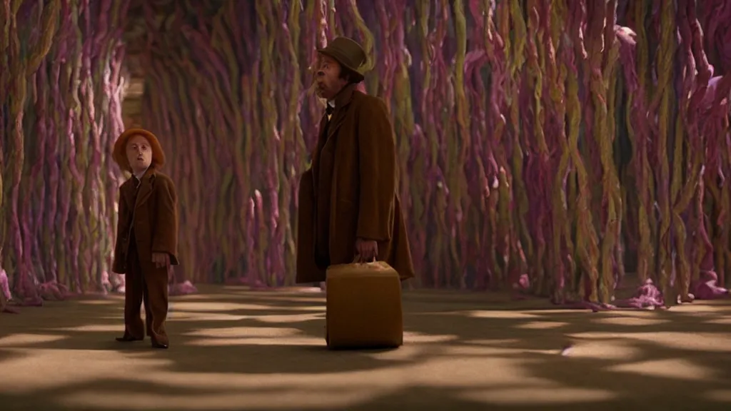 Image similar to Charlie in Willy Wonka’s chocolate factory, film still from the movie directed by Denis Villeneuve with art direction by Zdzisław Beksiński, wide lens