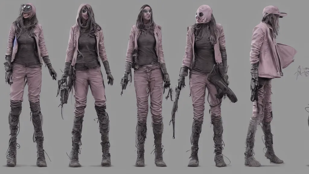 Prompt: character sheet for a light pink long haired beautiful realistic female for futuristic modern baggy dark grey jacket oakley glasses baseball hat dystopian mad max like fashion brand hamcus on an alien planet, impact by craig mullins, trending on artstation, trending on behance,, hd, 8 k, masterpiece