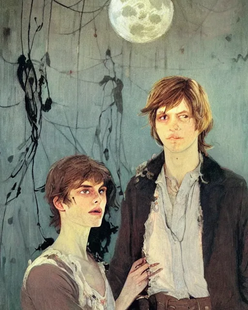 Prompt: two handsome but creepy young people in layers of fear, with haunted eyes and tangled hair, 1 9 7 0 s, seventies, wallpaper, a little blood, moonlight showing injuries, delicate embellishments, painterly, offset printing technique, by coby whitmore, jules bastien - lepage