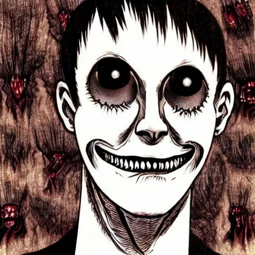 Prompt: smiling man, junji ito, creepy, unsettling,