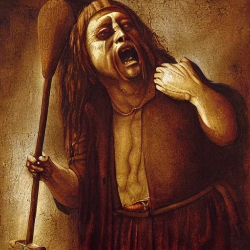 Prompt: marvellous painting of crying amber turd loosing the trail to johnny depp in a full room of judges all swinging a hammer to her loss, oil painting by leonardo davinci, 4k, high resolution