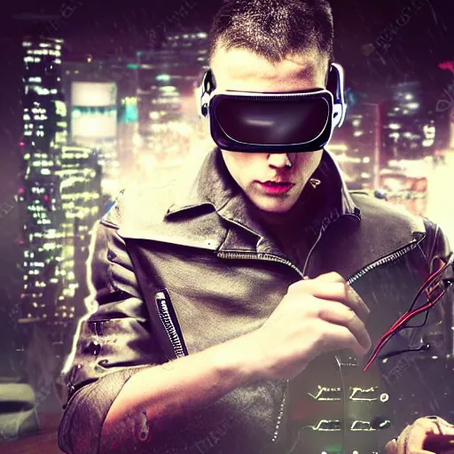 Prompt: damaged photo! of cyberpunk, shaved head, wearing futuristic goggles, leather jacket, wires, cybernetic implants, lost in a machine noir city, grime grunge photorealistic, high details,, in cyberspace photoreal, atmospheric