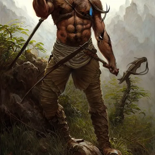 Image similar to rugged male ranger, handsome, D&D, upper body, muscular, hairy torso, fantasy, intricate, elegant, highly detailed, digital painting, artstation, concept art, smooth, sharp focus, illustration, art by artgerm and greg rutkowski and alphonse mucha
