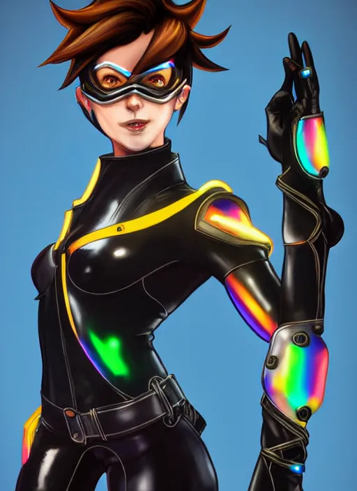 Image similar to full body digital artwork of tracer overwatch, confident pose, wearing black iridescent rainbow latex, 4 k, expressive happy smug expression, makeup, in style of mark arian, wearing detailed black leather collar, wearing sleek armor, black leather harness, expressive detailed face and eyes,