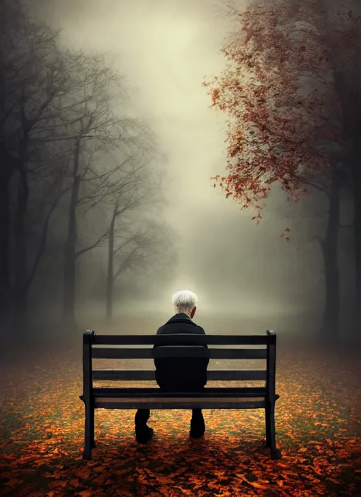 Image similar to conceptual photography portrait of an old man on a park bench fading into nothing, autumn tranquility, forgetfulness, fading to dust and leaves, oblivion, inevitability, aging, surreal portrait, moody, by tom bagshaw, hopeless, 4 k