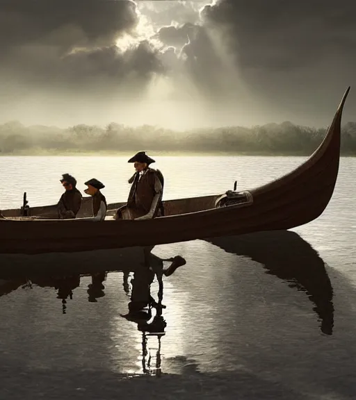 Image similar to three cuervos de pantano in a little boat in a swamp, long legs, volumetric lighting, majestic light, octane render, ethereal glare of the sun, hyperrealistic, epic, masterpiece, by greg rutkowski