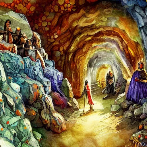 Prompt: a medieval pilgrimage walking among giant colorful crystals in a gigantic cavern deep underground, dark, fantasy, realistic painting