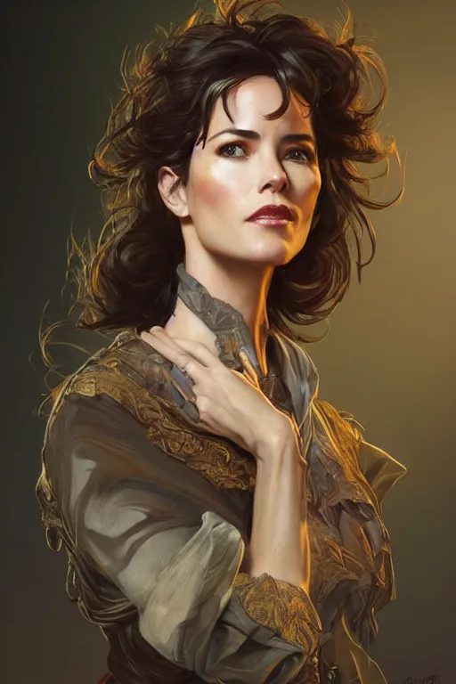 Image similar to portrait of parker posey, western, gunslinger, duster, fantasy, intricate, elegant, highly detailed, digital painting, artstation, concept art, sharp focus, illustration, art by artgerm and greg rutkowski and alphonse mucha